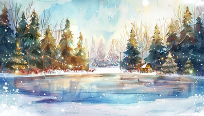 Wall Mural - A winter scene with a lake and trees