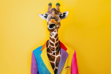 A funny giraffe with a multicolored costume stands on a yellow background