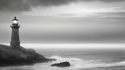 black and white beauty landscape with lighthouse and quiet ocean