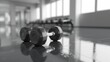 © Damerfie - An isolated pair of dumbbells rest on the reflective floor of a brightly lit and spacious room, setting a serene yet powerful scene for fitness and strength building.