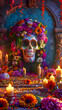 © Paul - Imagen vertical de una ofrenda de dia de muertos con una calavera en medio y decoraciones de flores en tonos morados y naranjas