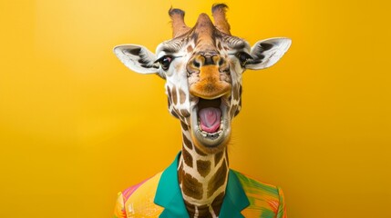 A funny giraffe with a multicolored costume stands on a yellow background