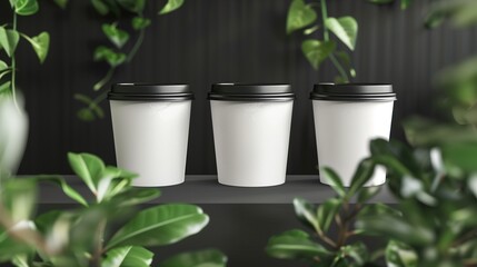 Eco-friendly coffee cups with blank labels set against a lush, green environment, perfect for showcasing sustainable branding.