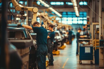 A bustling car assembly line with workers meticulously inspecting and assembling vehicles.