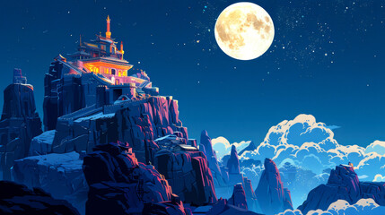 illustration art castle on peak mountain of rock vector art