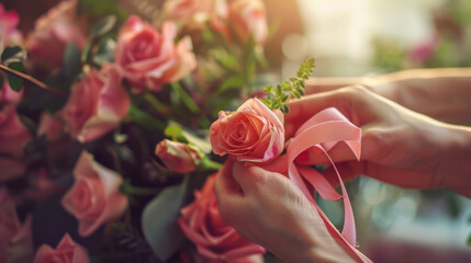 Female hands tying a ribbon around a rose bouquet, with a gently blurred background