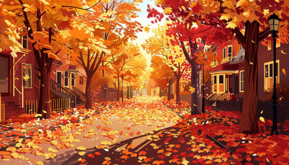 Wall Mural - A street with houses and trees in autumn