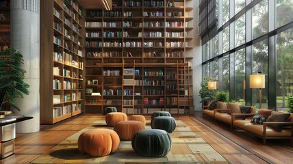 Wall Mural - a beautiful library with a beautiful collection of books, a place where you can read and study in peace. AI generated image