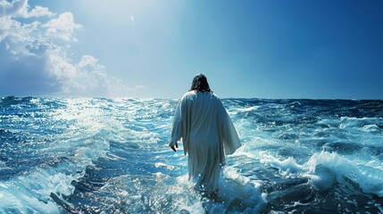 Wall Mural - Realistic depiction of jesus walking on water towards the camera, a biblical miracle scene