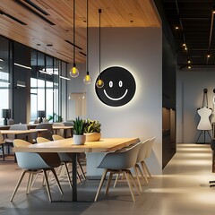 Wall Mural - A sleek and modern coworking space (2023) with a happy face logo, isolated on a white background. --v 6.0 - Image #1 @AAA