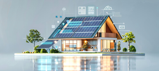 3D rendering of a smart home with solar panels & digital diagrams, highlighting AI-powered energy management for real-time data collection