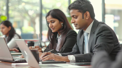 Wall Mural - Indian financial consultants, both male and female, using laptops to discuss stock market strategies in a modern company setting