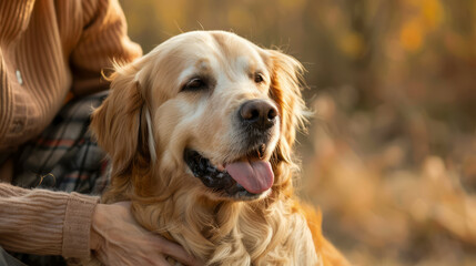 Wall Mural - Golden retriever dog with owner in the park or forest during sunrise or sunset.  