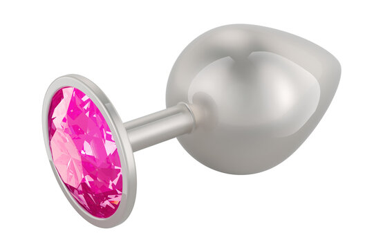 Anal Butt Plug with jewelry pink stone, from stainless steel. 3D rendering isolated on transparent background