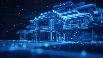 Wall Mural - Futuristic Blueprint Building with Scan Lines and 3D Perspective Technology Background