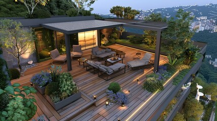 Wall Mural - wonderful house, beautiful view, large terrace. Generated by AI