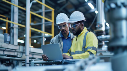 Two engineers of varied ethnicities working on a laptop on a platform at an electronics factory, overseeing maintenance tasks via online software.