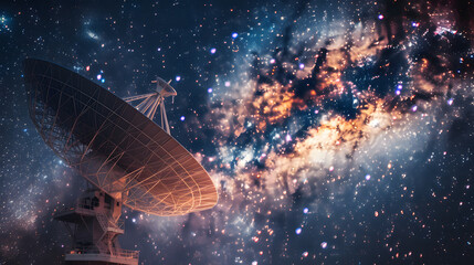 A radio telescope dish with a stunning galactic background, capturing the essence of space observation and astronomical research.