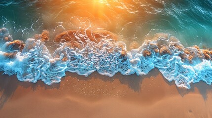 abstract sand beach from above with light blue transparent water waves and sunlights, summer vacation background concept banner with copy space, natural beauty spa outdoors 