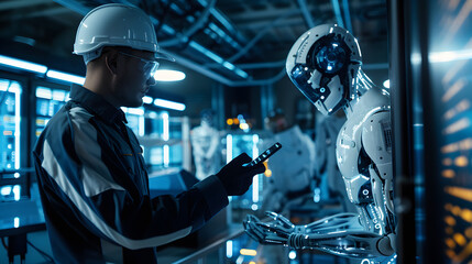 Wall Mural - A scientist interacts with an advanced robot in a futuristic lab, showcasing cutting-edge technology and artificial intelligence collaboration.