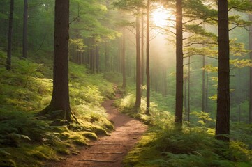 Poster - Sunlight shines through trees in misty forest illuminating path ahead