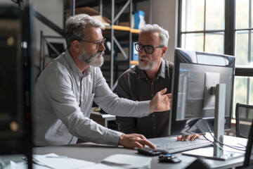 Two senior engineers engaging in a focused technical discussion while analyzing computer data at a workstation.