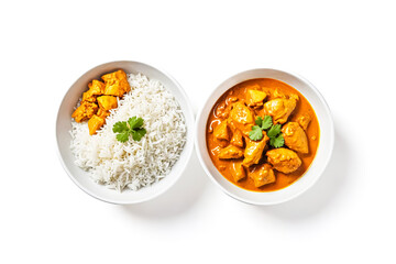 Canvas Print - Chicken Tikka Masala with Rice in White Bowls on White Background