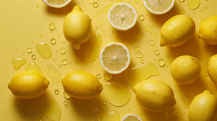 Wall Mural - a handful of lemons and drops of lemon juice on a yellow coloured background