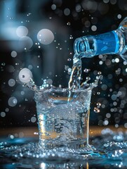 Poster -  Mineral water, poured from a bottle into a cup, splashes water, produces bubbles, and creates water droplets in the air. 