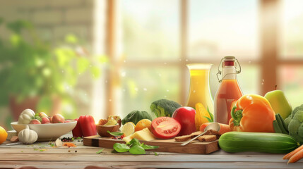 Sticker - A vibrant assortment of fresh fruits, vegetables, and juices are displayed on a wooden table, bathed in warm, natural light.