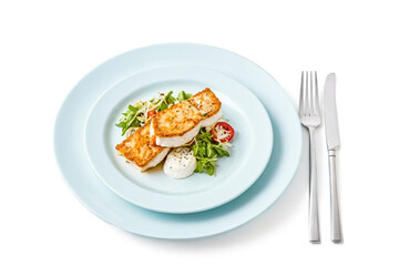 Wall Mural - Grilled Fish with Salad and Creamy Sauce on Blue Plate