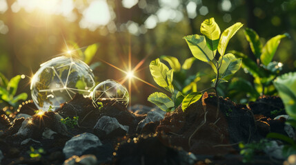 Wall Mural - Young green plants emerge from rich soil, illuminated by sparkling sunlight, symbolizing growth and sustainability.