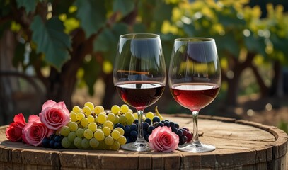 two glasses with red, rose and white wine on a wooden barrel in the vineyard