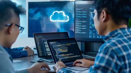 Two developers collaborate in a modern tech environment, surrounded by multiple screens displaying code and a cloud computing graphic.