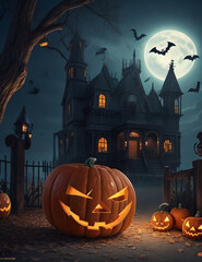 Wall Mural - Old mansion, graveyard, candies and scary pumpkin. Art cover horror night.	