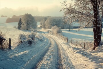 Wall Mural - A snowy road with a fence in the background. Road to somewhere concept