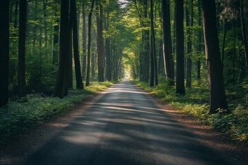 Wall Mural - A road in a forest with trees on both sides. Road to somewhere concept