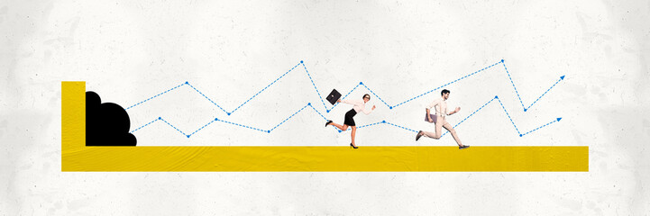 Aufkleber - Composite trend artwork collage of horizontal panorama trader business rich income graphics arrow direction young lady man competition run