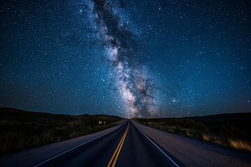 A long road with a large milky way in the background. Road to somewhere concept