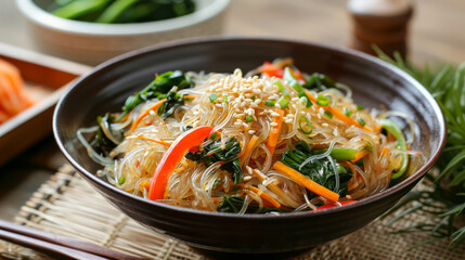 Canvas Print - A vibrant bowl of glass noodles, mixed with colorful vegetables and garnished with sesame seeds, sits appetizingly on a bamboo mat.