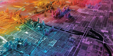 Leinwandbilder - An aerial view of a sprawling city, with sections highlighted in different colors to indicate various demographic analyses and urban planning