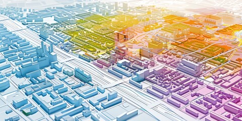 Leinwandbilder - An aerial view of a sprawling city, with sections highlighted in different colors to indicate various demographic analyses and urban planning