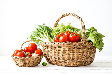 Canvas Print - Fresh Tomatoes and Lettuce in Wicker Baskets on White Wooden Table