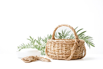 Poster - Woven Basket with Green Leaves and White Bowl