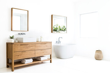 Sticker - Minimalist Bathroom with Wooden Vanity and Freestanding Tub