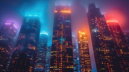Wall Mural - skyscrapers illuminated by colorful lights under a dark sky