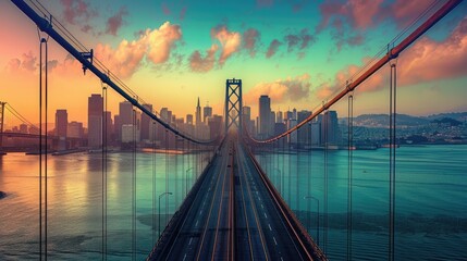 Wall Mural - Suspension bridge with city skyline in the background