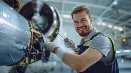 Poster - A man is smiling while working on an airplane engine