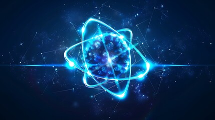 Wall Mural - Abstract Digital Atom in Blue with Glowing Orbitals