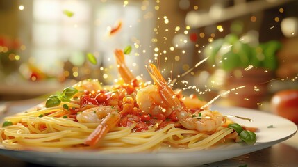 Sticker -  A plate of pasta with shrimp and tomatoes, sprinkled with parmesan cheese, on a table